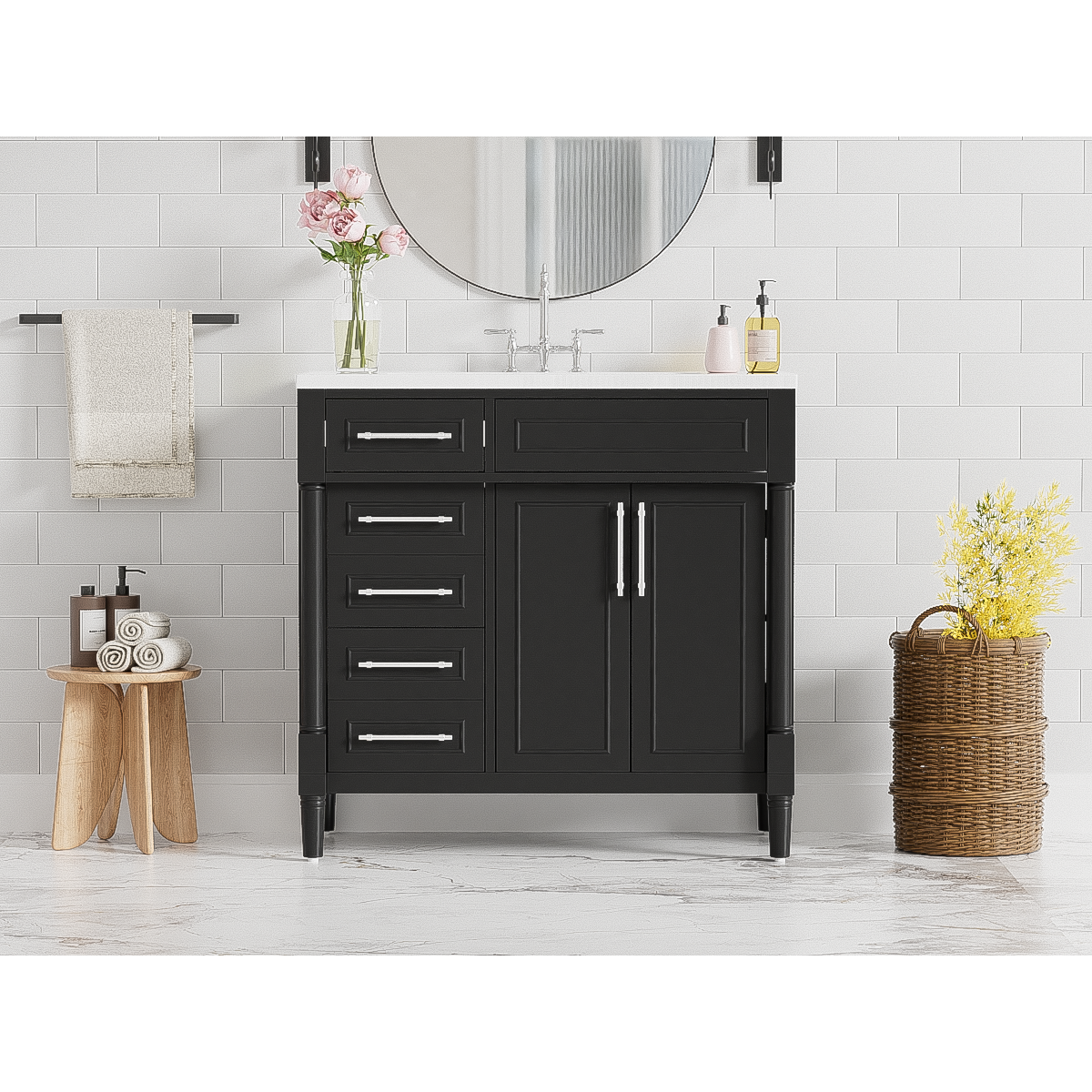 36" Bathroom Vanity with Top Resin Sink, Freestanding Bathroom Storage Cabinet with 2 Drawers and a Tip-out Drawer, Solid Wood Frame Vanity Set, Height Adjustable Shelf