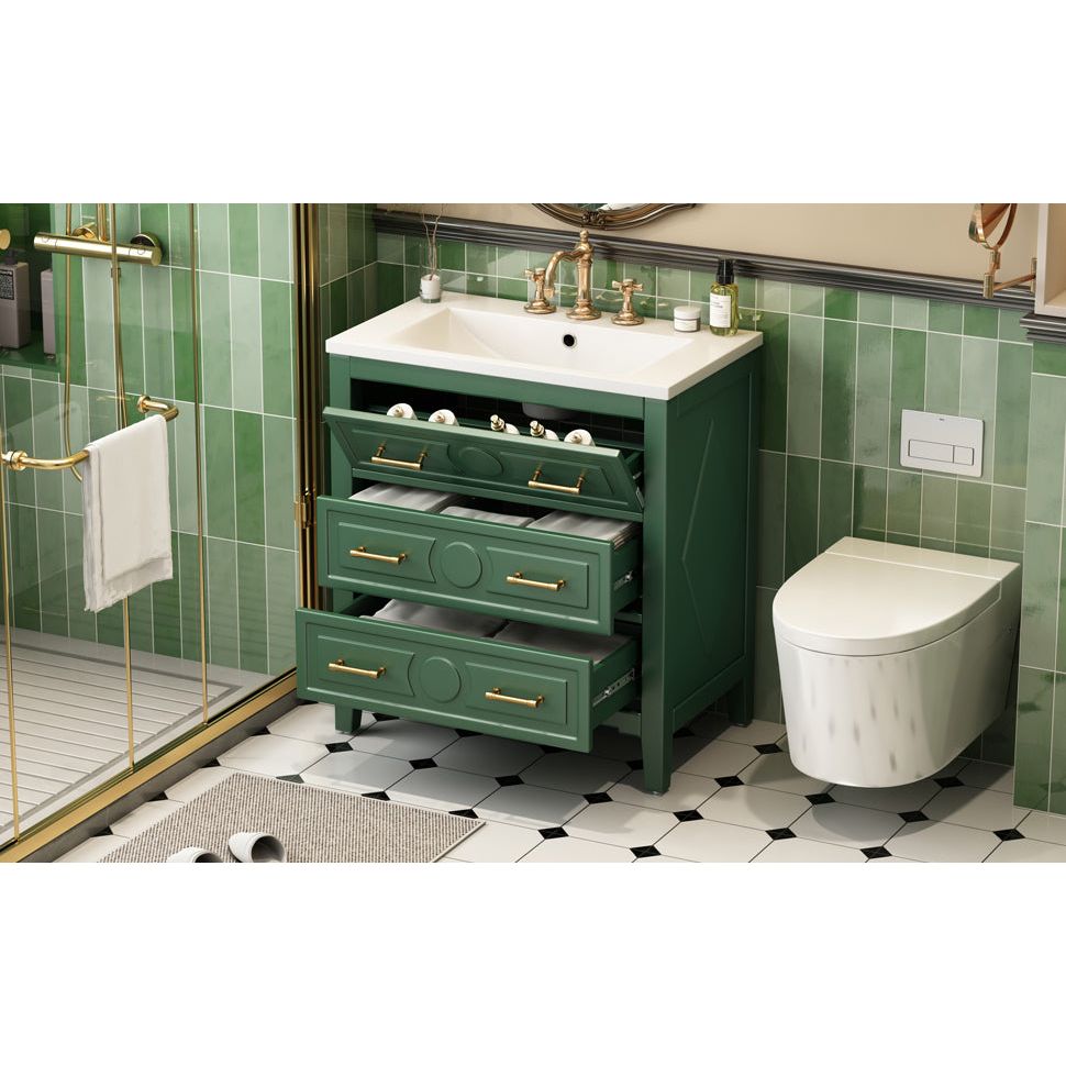 30" Bathroom Vanity with Resin Sink Combo, Free Standing Single Vanity Set with 3 Drawers, Solid Wood Frame Bathroom Storage Cabinet, Green