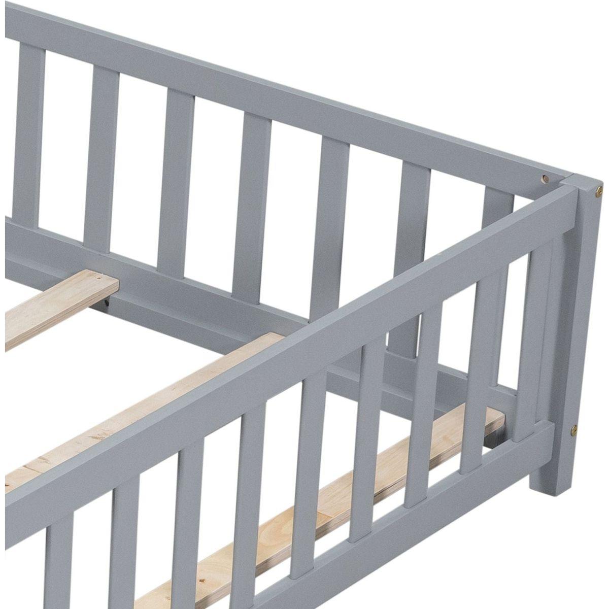 Full Size Floor Platform Bed with Fence and Door for Kids, Montessori Floor Bed Frame with Support Slats for Toddlers, Wooden Floor Bed Grey