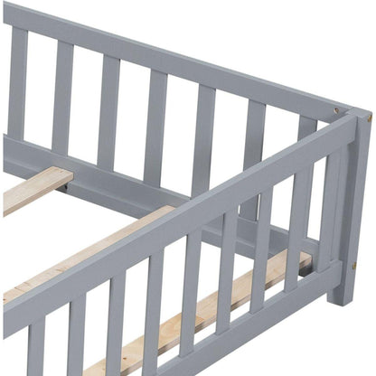 Full Size Floor Platform Bed with Fence and Door for Kids, Montessori Floor Bed Frame with Support Slats for Toddlers, Wooden Floor Bed Grey