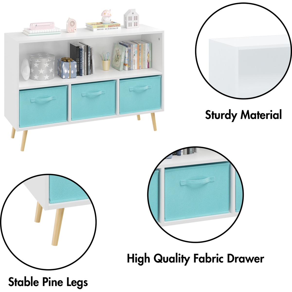 Kids bookcase with Collapsible Fabric Drawers, Children's Book Display, Toy Storage Cabinet Organizer, White/Blue