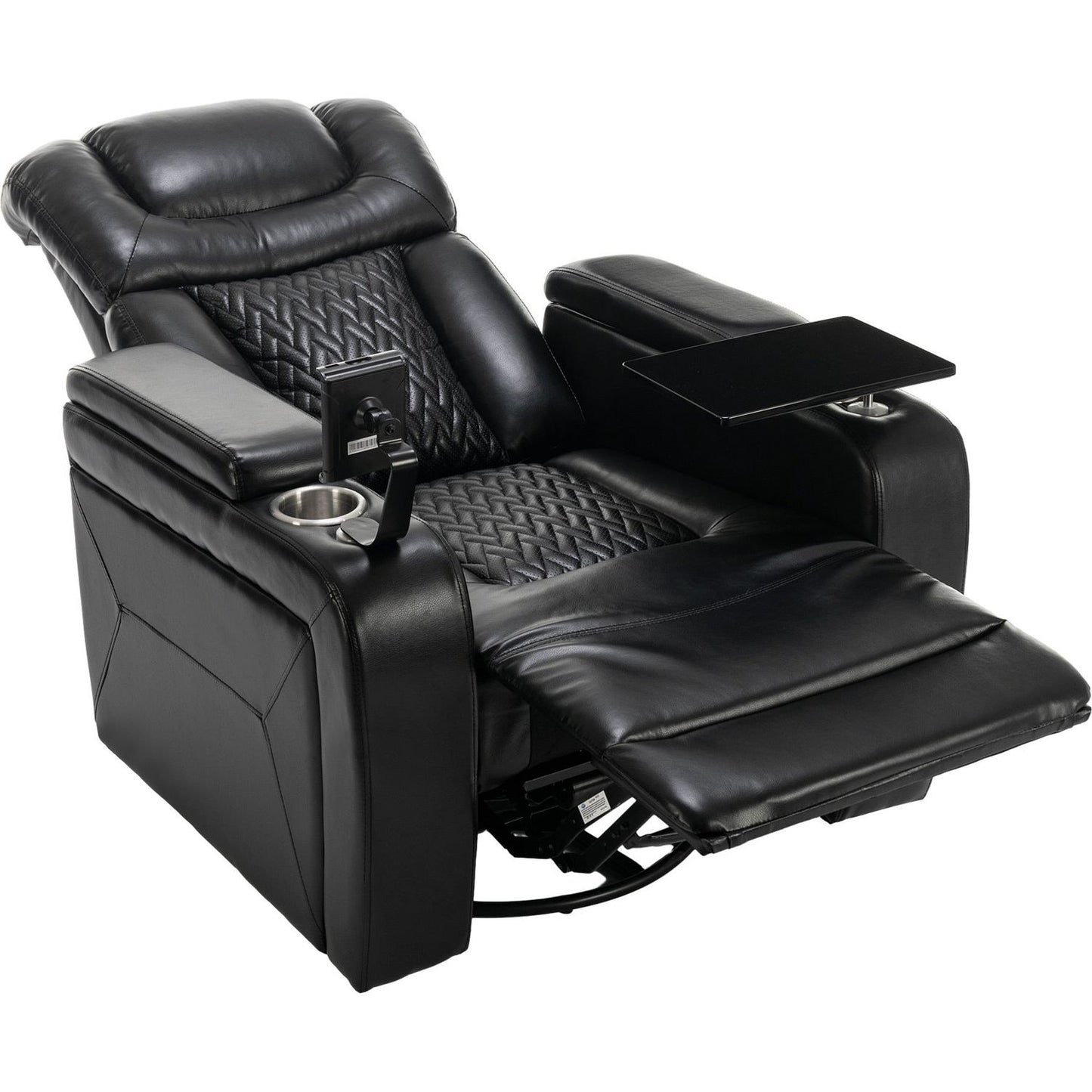 270 Degree Swivel PU Leather Power Recliner Individual Seat Home Theater Recliner with Comforable Backrest, Tray Table, Phone Holder, Cup Holder, USB Port, Hidden Arm Storage for Living Room, Black