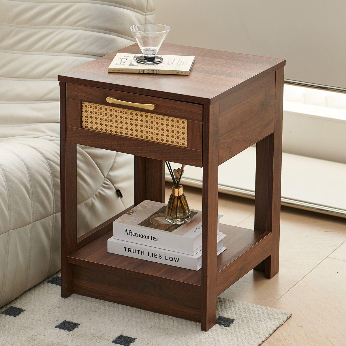 PE Rattan End Table with Drawer, Modern Nightstand, Side Table for Living Room, Bedroom, Walnut Color