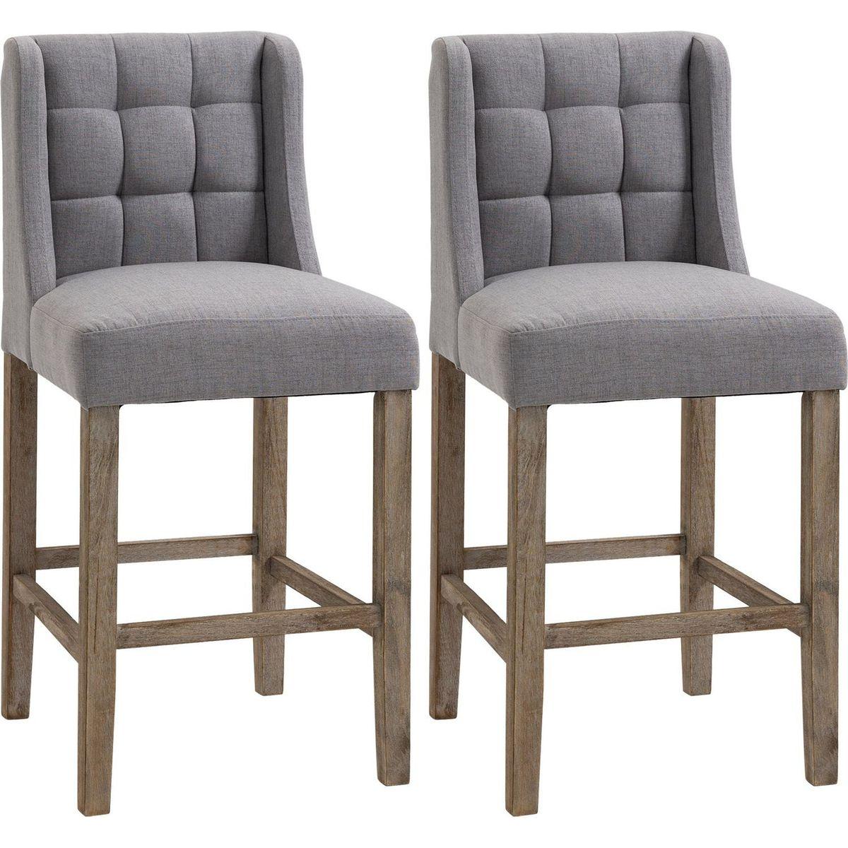 Modern Bar Stools, Tufted Upholstered Barstools, Pub Chairs with Back, Rubber Wood Legs for Kitchen, Dining Room, Set of 2, Grey