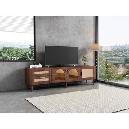 Rattan TV Stand with 3 Cabinets & 2 Drawers, Rattan-inspired Media Console Table for TVs up to 80", LED Light Entertainment Center, TV cabinet for Living room, Bedroom, Home Theatre - Streamdale Furniture