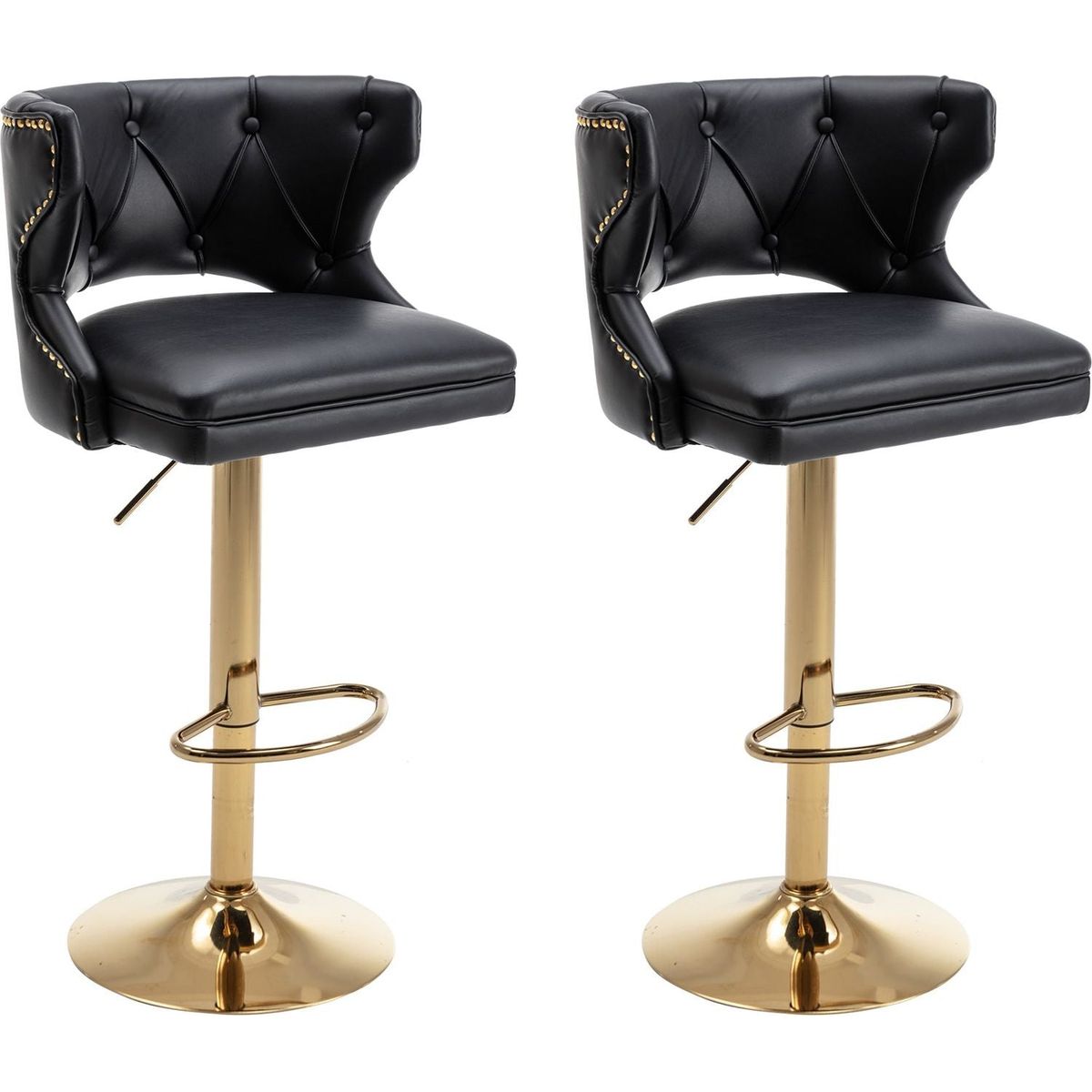 Bar Stools With Back and Footrest Counter Height Dining Chairs-Leather Black-2PCS/SET