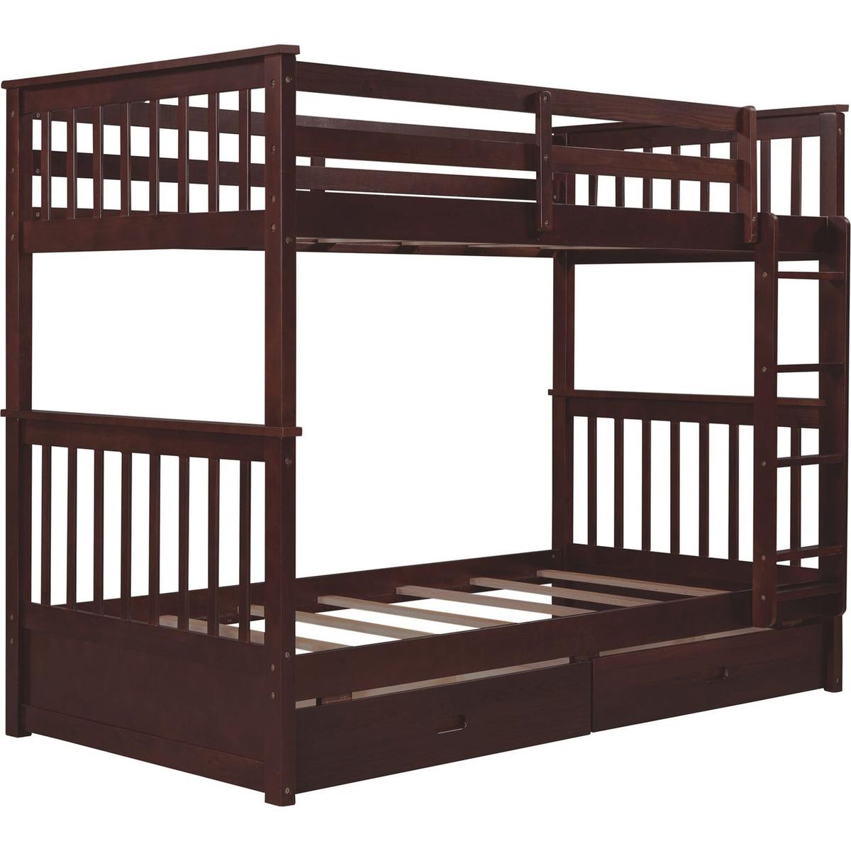 Twin-Over-Twin Bunk Bed with Ladders and Two Storage Drawers (Espresso)