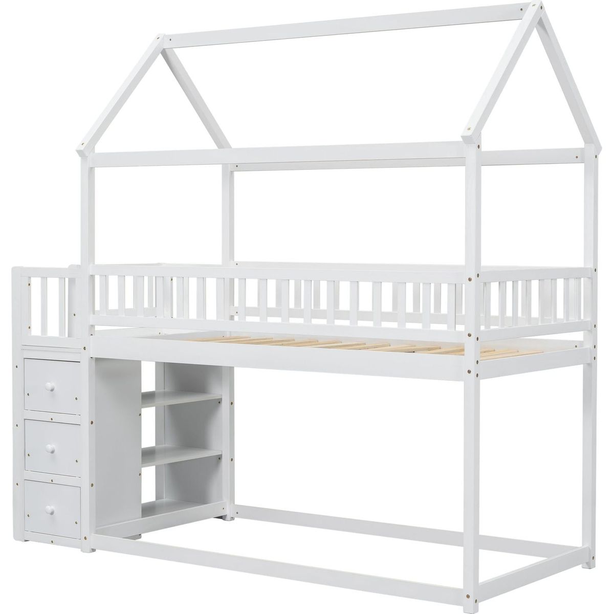 TWIN/TWIN HOUSE BUNK BED WITH SHELVES AND DRAWERS FOR WHITE COLOR