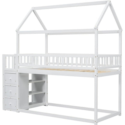 TWIN/TWIN HOUSE BUNK BED WITH SHELVES AND DRAWERS FOR WHITE COLOR
