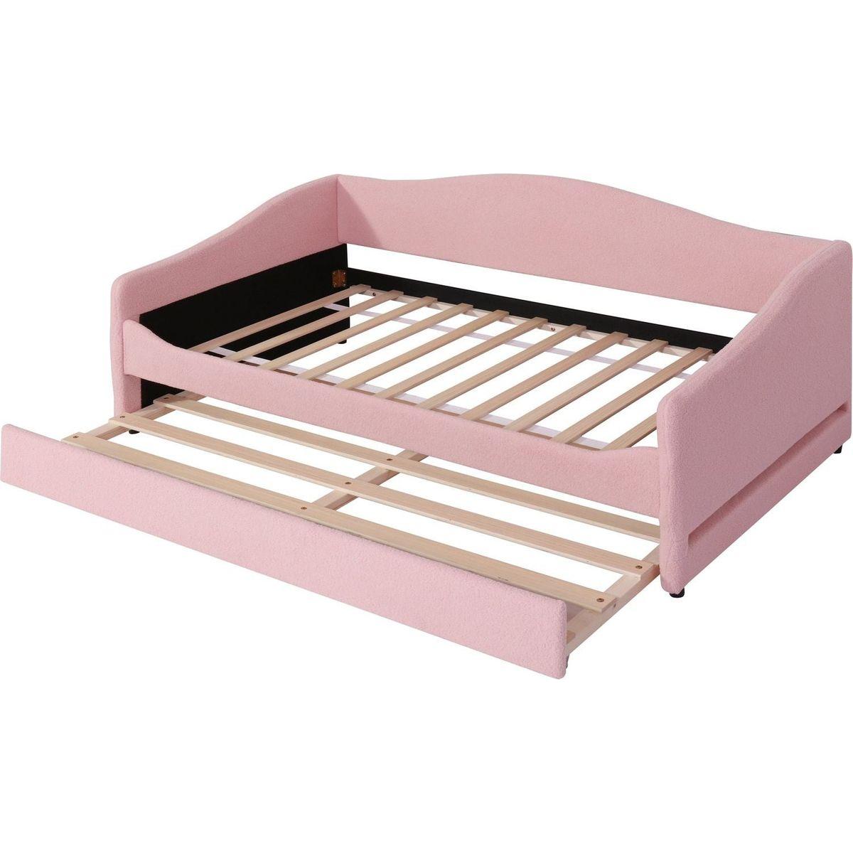 Teddy Fleece Twin Size Upholstered Daybed with Light and Trundle, Pink