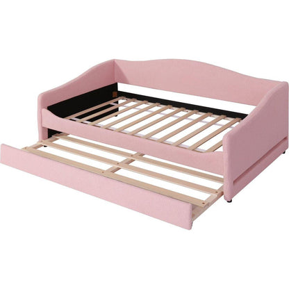Teddy Fleece Twin Size Upholstered Daybed with Light and Trundle, Pink