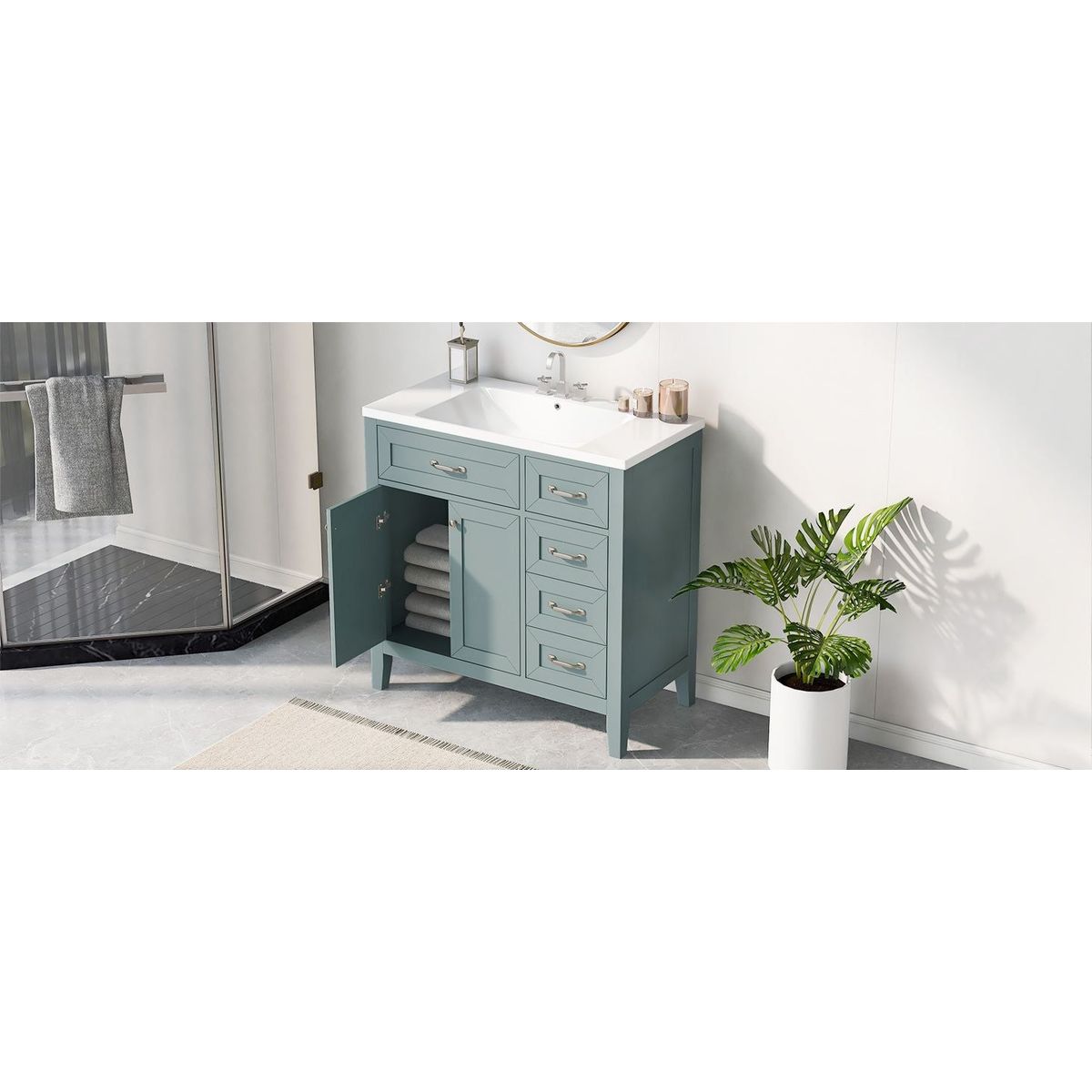 36" Bathroom Vanity with Sink Combo, Green Bathroom Cabinet with Drawers, Solid Frame and MDF Board