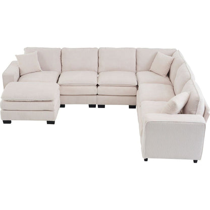 Modern U Shaped 6-seat Sectional Sofa Couch with one Ottoman and three toss pillows, Modular Sofa for Living Room,Corduroy sofa
