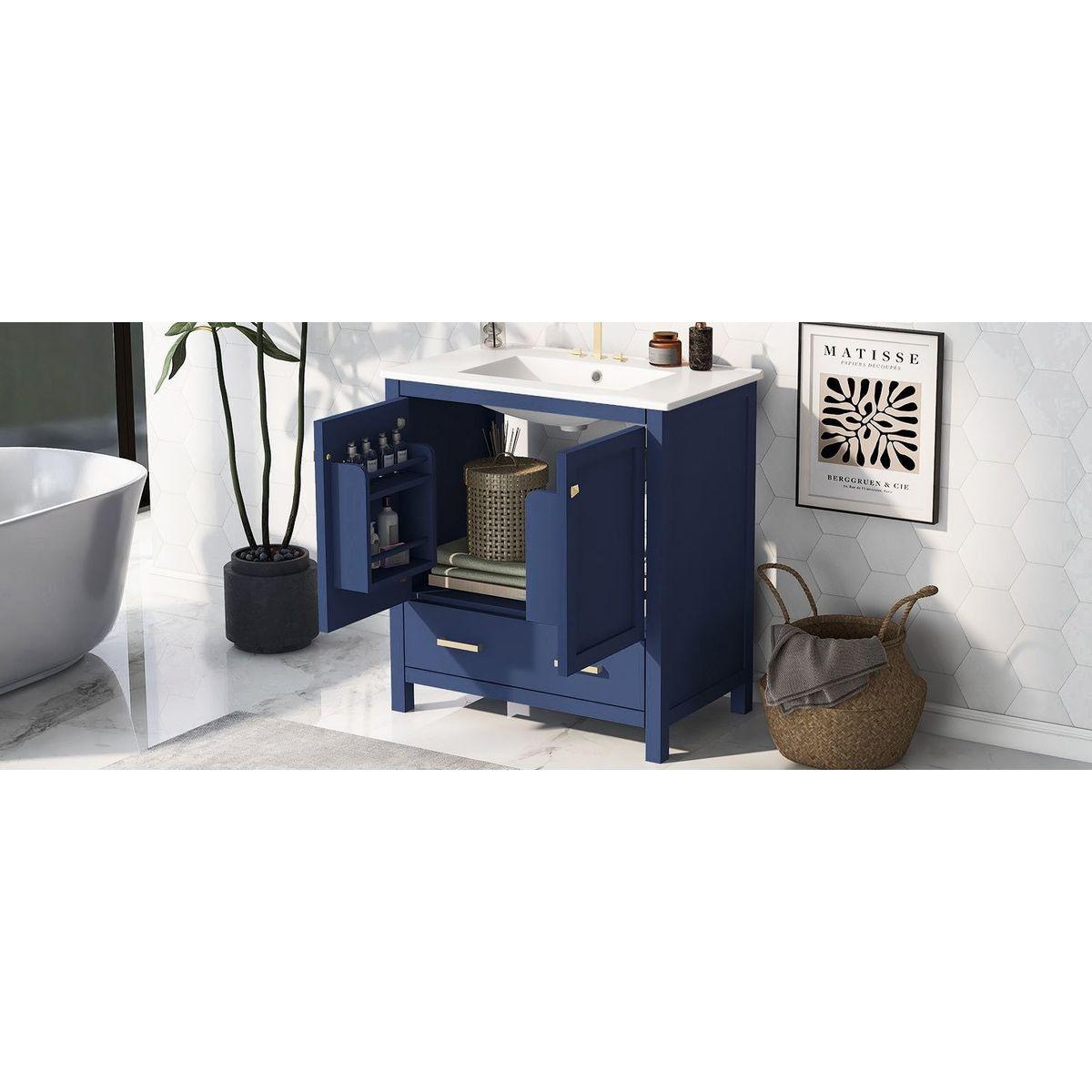 30" Blue Bathroom Vanity with Single Sink, Combo Cabinet Undermount Sink, Bathroom Storage Cabinet with 2 Doors and a Drawer, Soft Closing, Multifunctional Storage, Solid Wood Frame