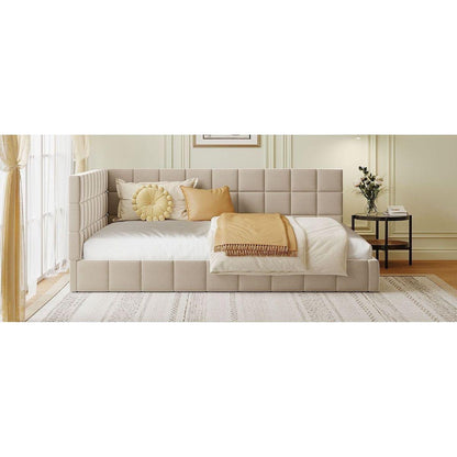 Full Size Upholstered Daybed/Sofa Bed Frame-Beige, Velvet