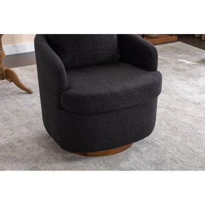 Boucle Fabric Swivel Accent Chair With Soild Wood Round Brown Base Leg,Black