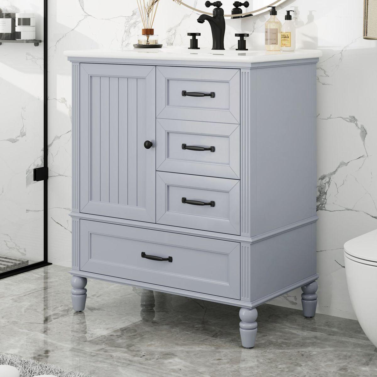 30' Bathroom Vanity with Sink, Bathroom Cabinet with A Door, Three Drawers, Solid Wood Legs & MDF Board, Adiustable Foot Pads, Grey (Other Color: N725P195409K)