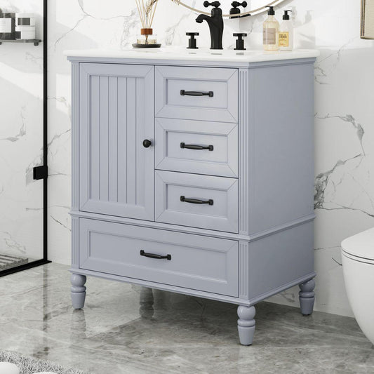 30' Bathroom Vanity with Sink, Bathroom Cabinet with A Door, Three Drawers, Solid Wood Legs & MDF Board, Adiustable Foot Pads, Grey (Other Color: N725P195409K)