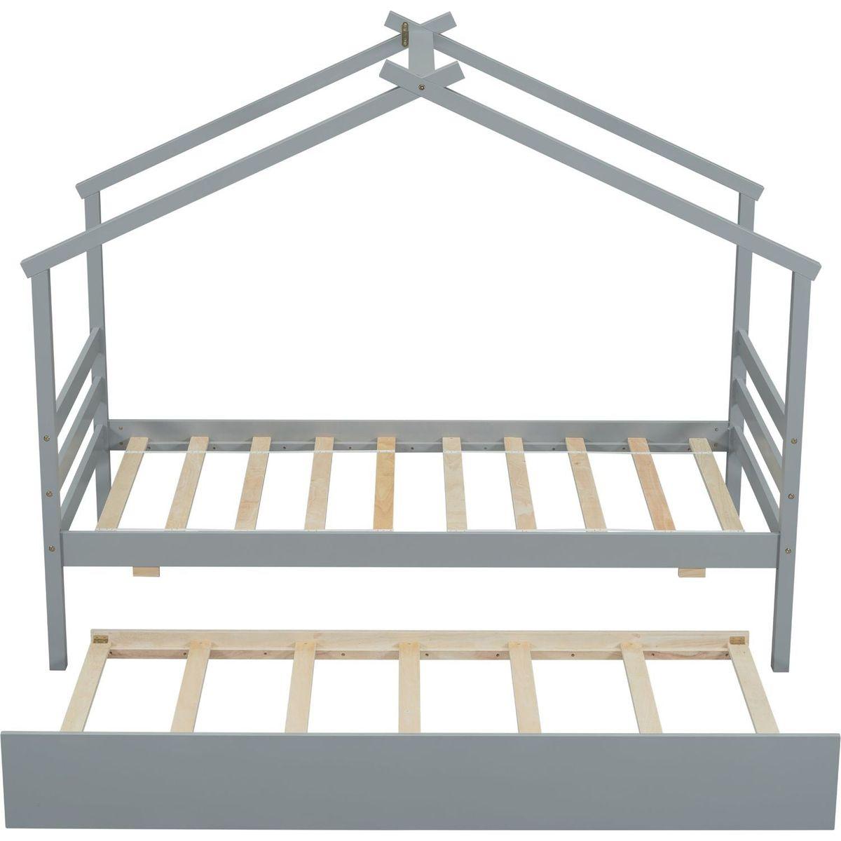 Twin Size House-shaped Bed with Trundle,Grey