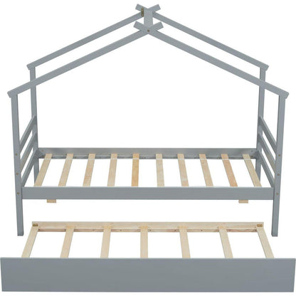 Twin Size House-shaped Bed with Trundle,Grey