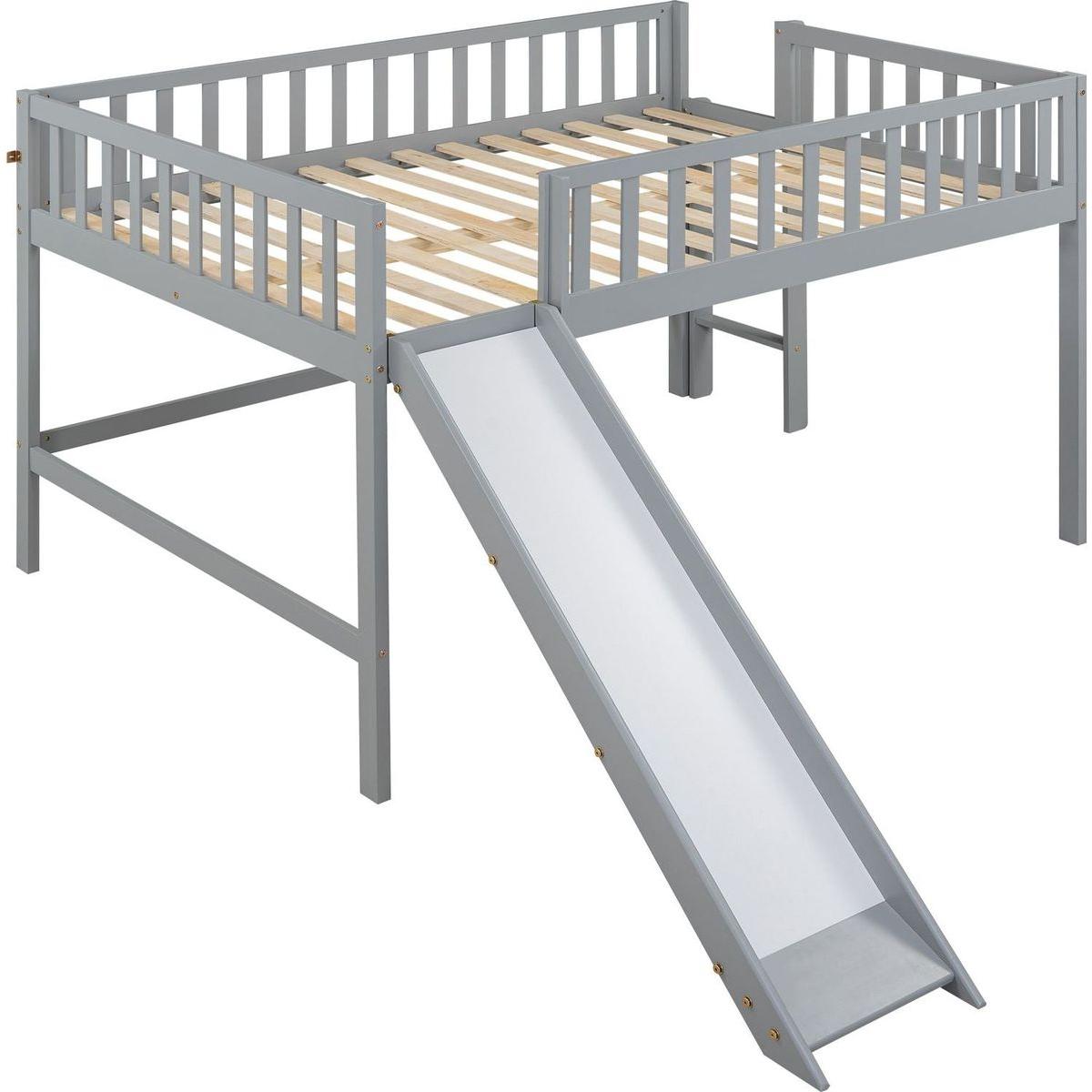 Full Size Low Loft Bed with Ladder and Slide,Gray