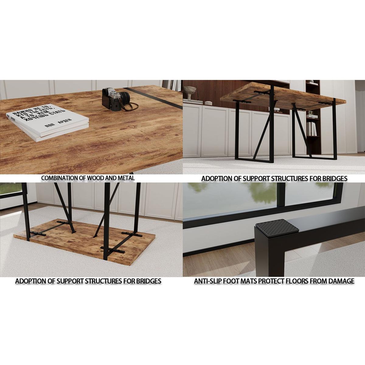 55 "rural industrial rectangular MDF dark wood dining table, 4-6 people, 1.5" thick engineering wood tabletop and black rectangular metal legs, used for writing desk, kitchen, terrace, dining room