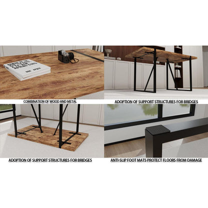 55 "rural industrial rectangular MDF dark wood dining table, 4-6 people, 1.5" thick engineering wood tabletop and black rectangular metal legs, used for writing desk, kitchen, terrace, dining room