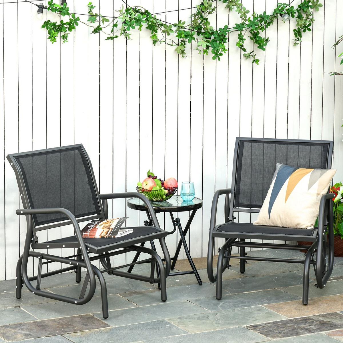 Porch Glider Set of 2, Metal Frame Swing Glider Chairs with Breathable Mesh Fabric, Curved Armrests and Steel Frame for Garden, Poolside, Backyard, Balcony, Black