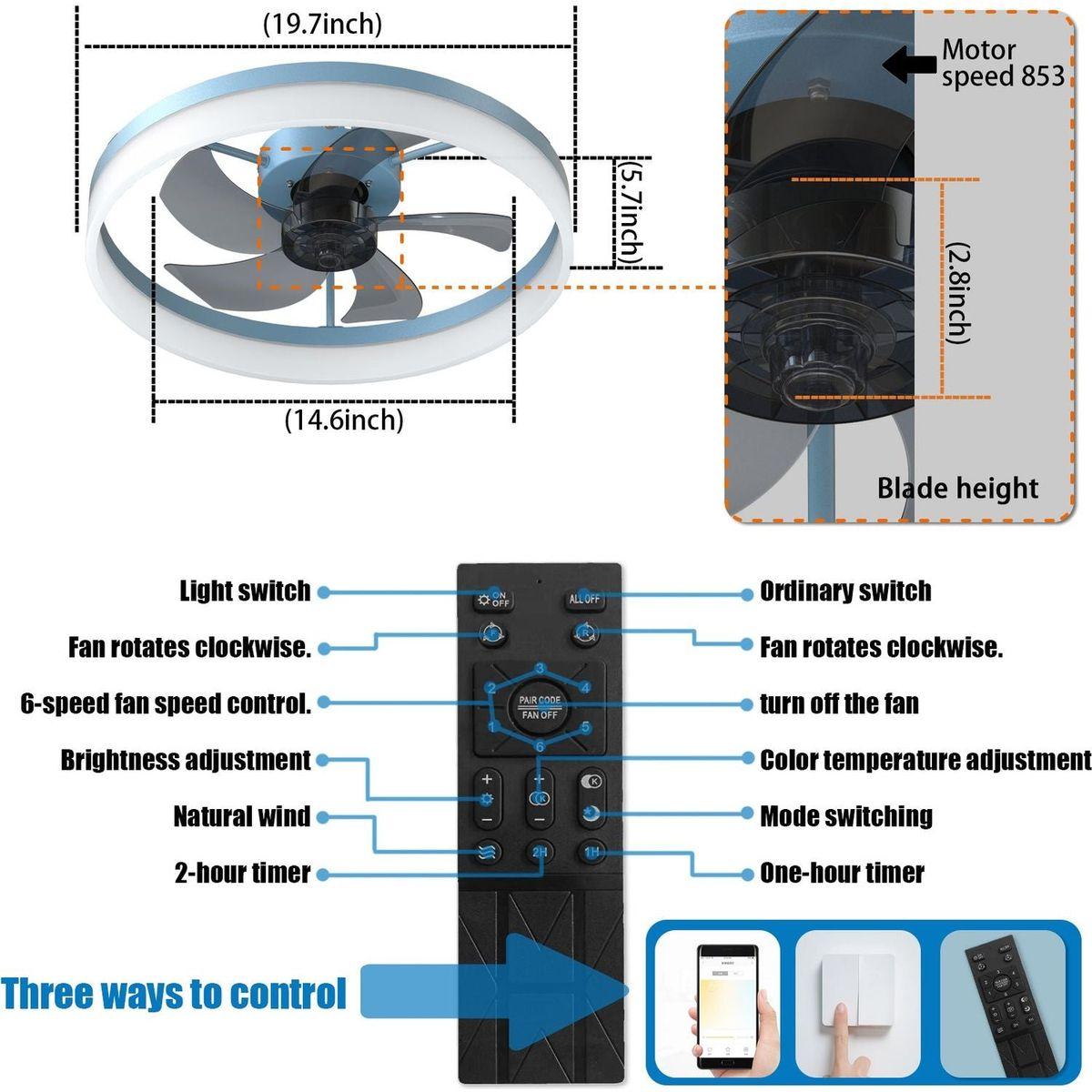 Ceiling Fans with Lights Dimmable LED Embedded installation of thin modern ceiling fans(Blue)