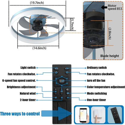 Ceiling Fans with Lights Dimmable LED Embedded installation of thin modern ceiling fans(Blue)