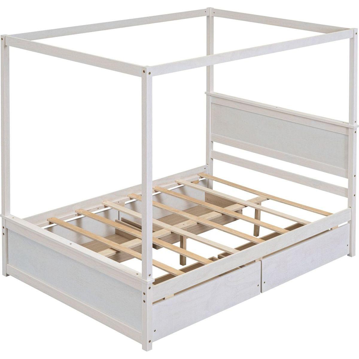 Wood Canopy Bed with four Drawers, Full Size Canopy Platform Bed With Support Slats .No Box Spring Needed, Brushed White