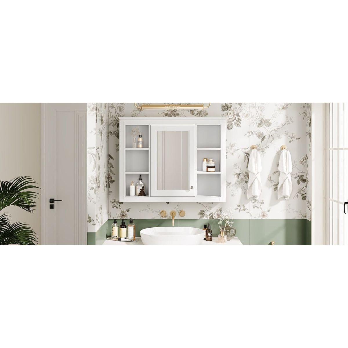 35" x 27.5" Medicine Cabinet, Wall Mounted Bathroom Storage Cabinet, Modern Bathroom Wall Cabinet with Mirror, Mirror Cabinet with 6 Open Shelves (Not Include Bathroom Vanity)