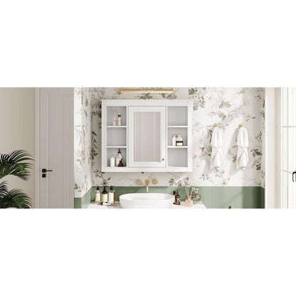 35" x 27.5" Medicine Cabinet, Wall Mounted Bathroom Storage Cabinet, Modern Bathroom Wall Cabinet with Mirror, Mirror Cabinet with 6 Open Shelves (Not Include Bathroom Vanity)