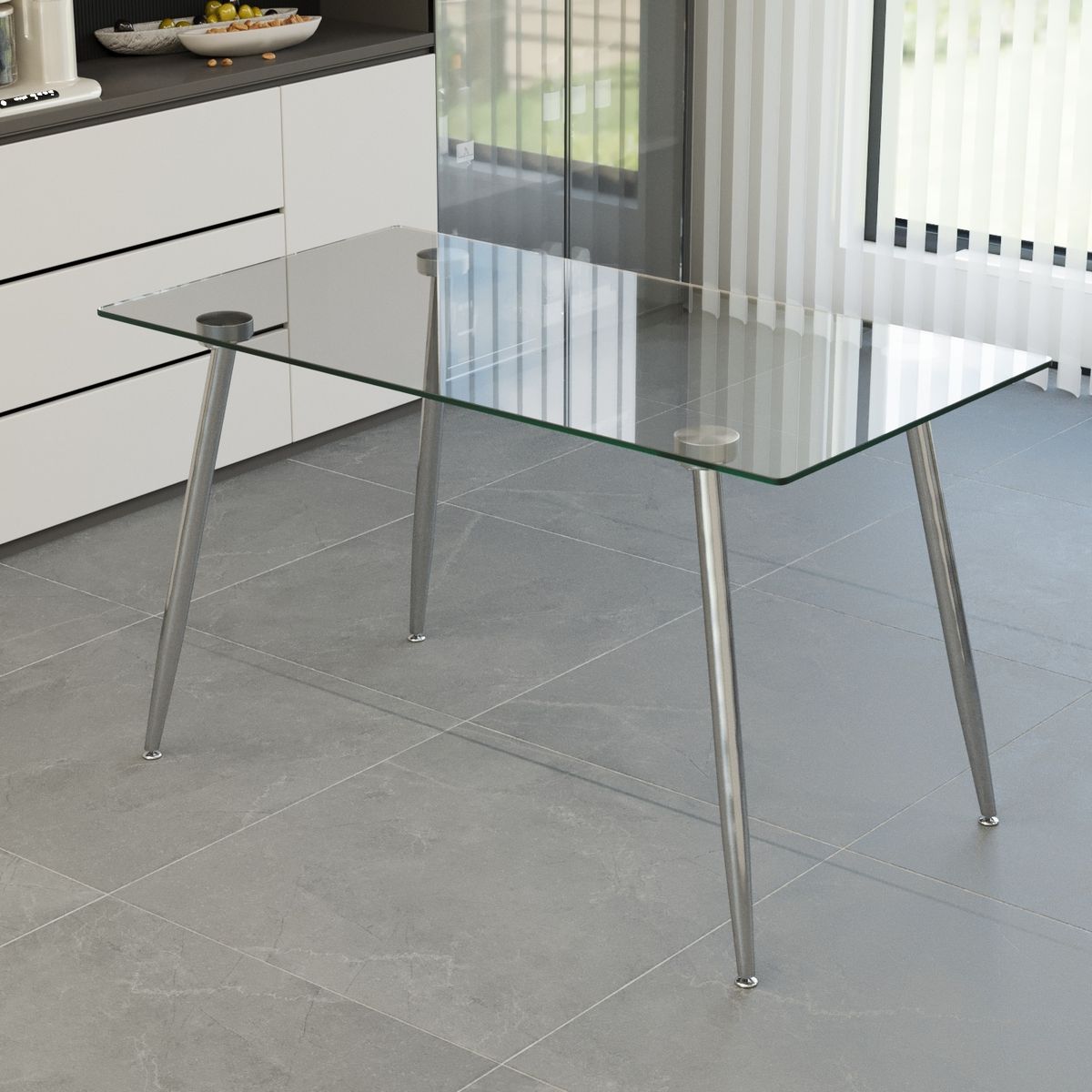 Glass Dining Table, Modern Rectangular Table with Tempered Glass Tabletop & Sliver metal Legs, Simplistic Kitchen Table, Versatile Table for Home Office (0 damage)
