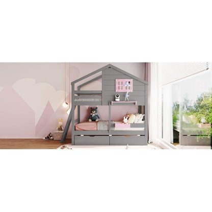 Twin over Twin Bunk Bed with 2 Drawers, 1 Storage Box, 1 Shelf, Window and Roof-Gray
