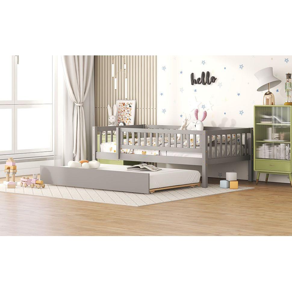 Twin Size Wood Daybed with Trundle and Fence Guardrails, Gray