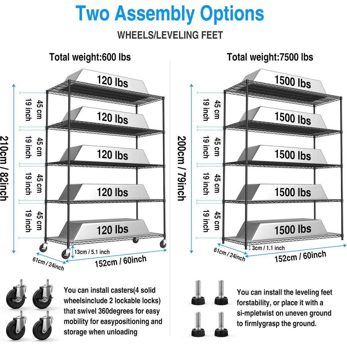 5 Tier 7500lbs Heavy Duty Adjustable Storage Rack Metal Shelf Wire Shelving Unit with Wheels & Shelf Liners - 82" H x 60" L x 24" D - Black