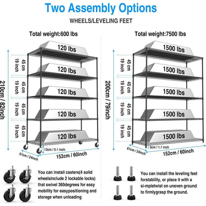 5 Tier 7500lbs Heavy Duty Adjustable Storage Rack Metal Shelf Wire Shelving Unit with Wheels & Shelf Liners - 82" H x 60" L x 24" D - Black