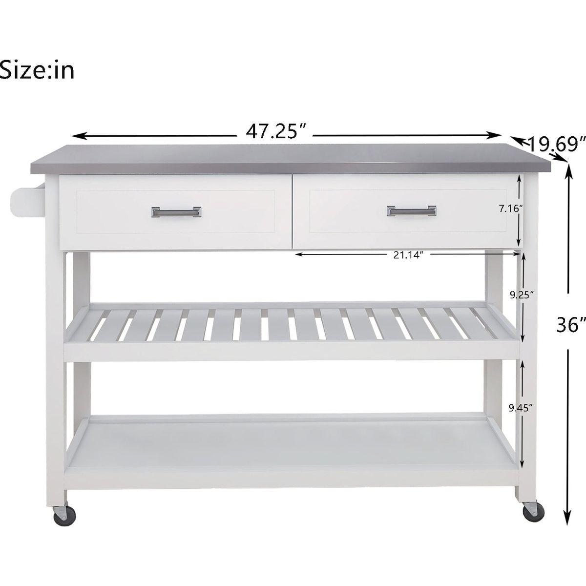 Stainless Steel Table Top White Kicthen Cart With Two Drawers