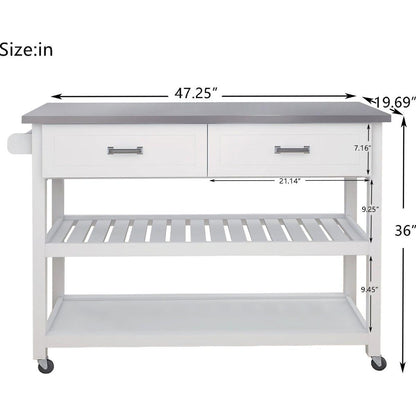 Stainless Steel Table Top White Kicthen Cart With Two Drawers