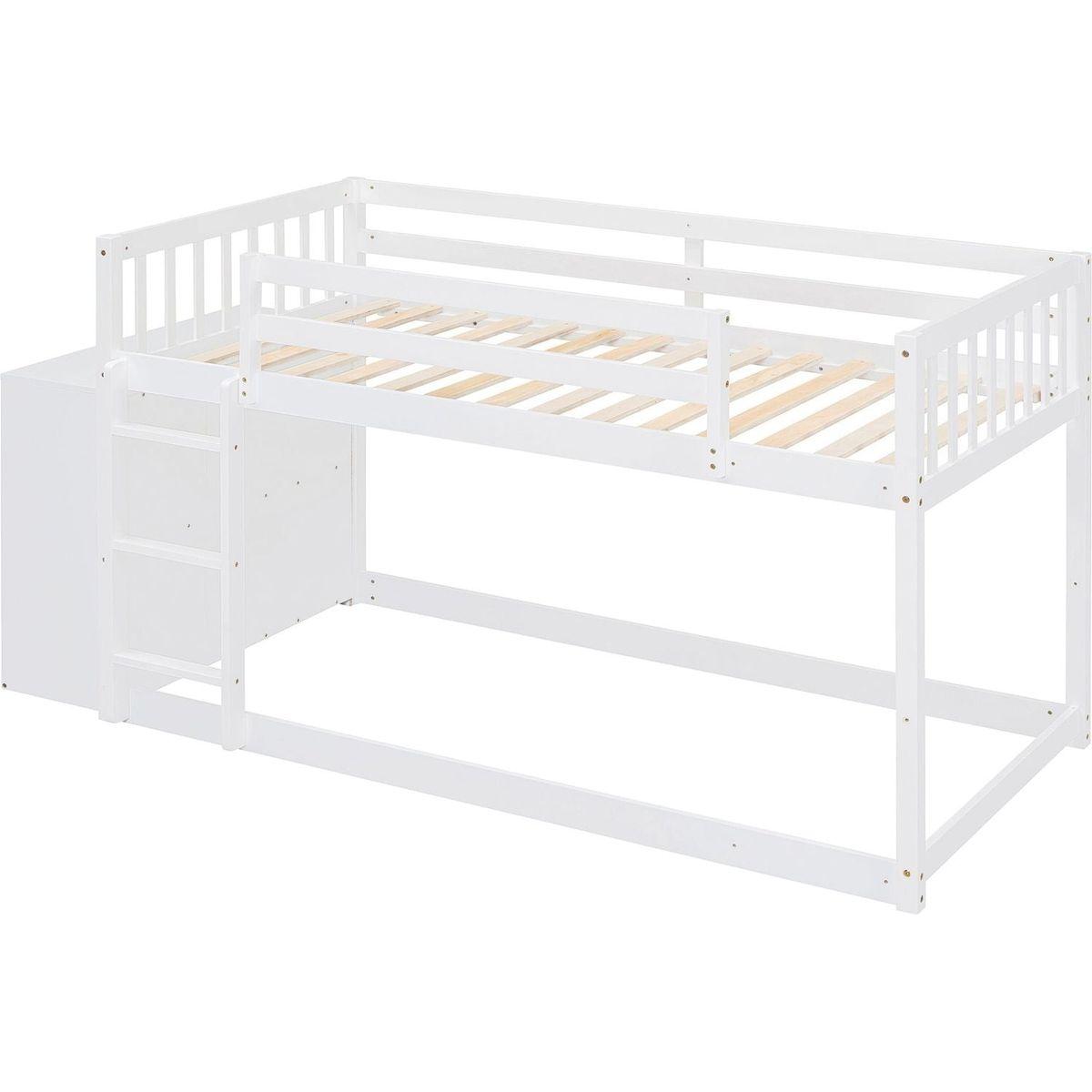 Twin over Twin Bunk Bed with 4 Drawers and 3 Shelves-White