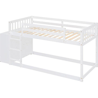 Twin over Twin Bunk Bed with 4 Drawers and 3 Shelves-White