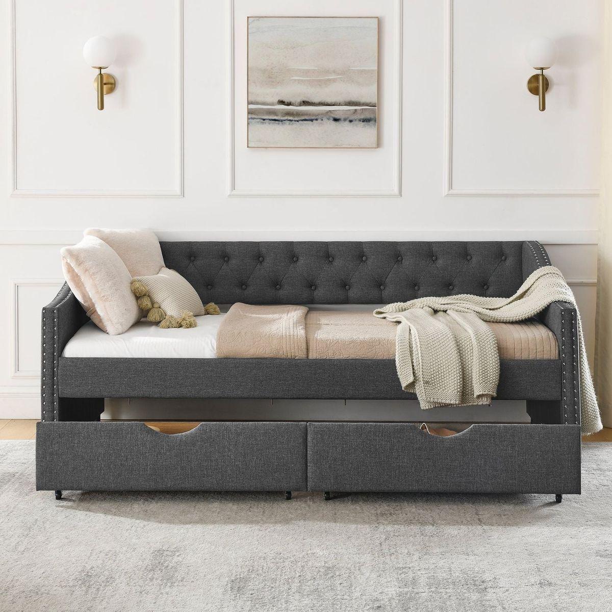 Twin Size Daybed with Drawers Upholstered Tufted Sofa Bed, with Button on Back and Copper Nail on Waved Shape Arms(81.5"x4"x30.5")