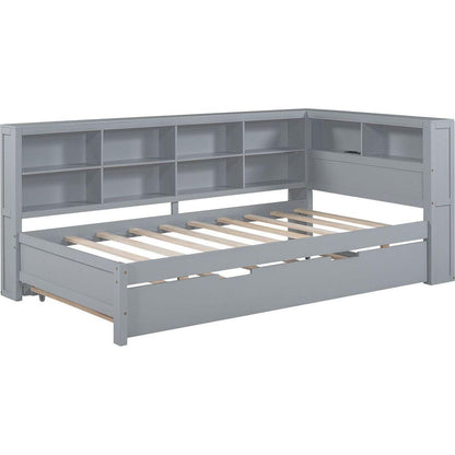 Wooden Twin Size DayBed with Twin Size Trundle, DayBed with Storage Shelf and USB Charging Ports,Grey