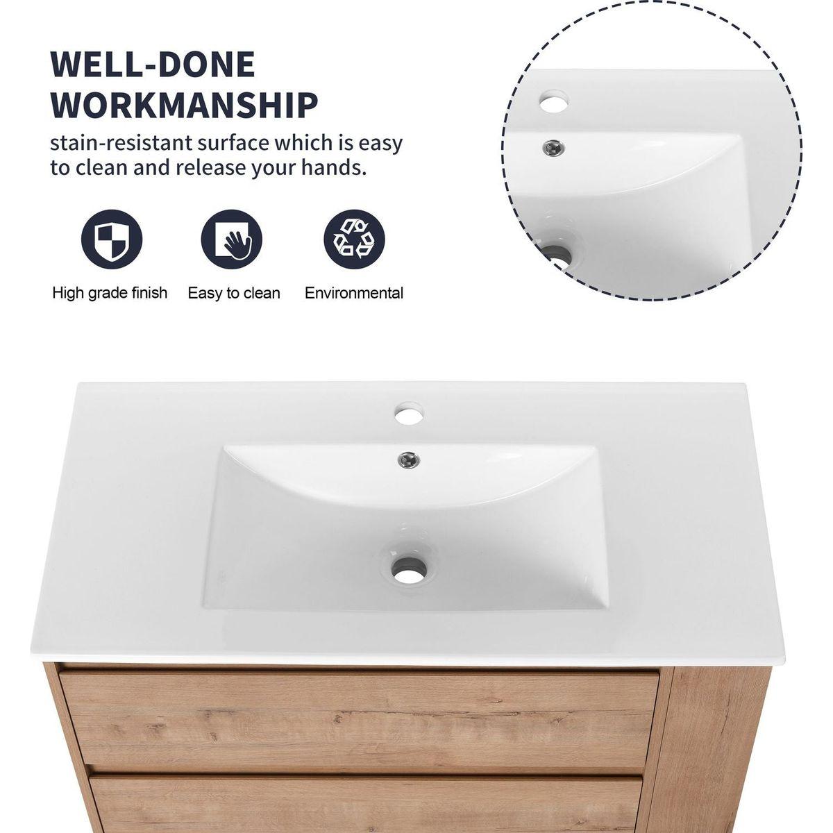 36" Wall Mounting Bathroom Vanity With Ceramic Sink, Soft Close Drawer