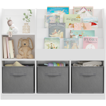 Kids Bookcase and Bookshelf, Multifunctional Bookcase with 3 Collapsible Fabric Drawers, Bookcase Display Stand, Toy Storage Organizer for Bedroom, Playroom, Hallway (White/Gray)