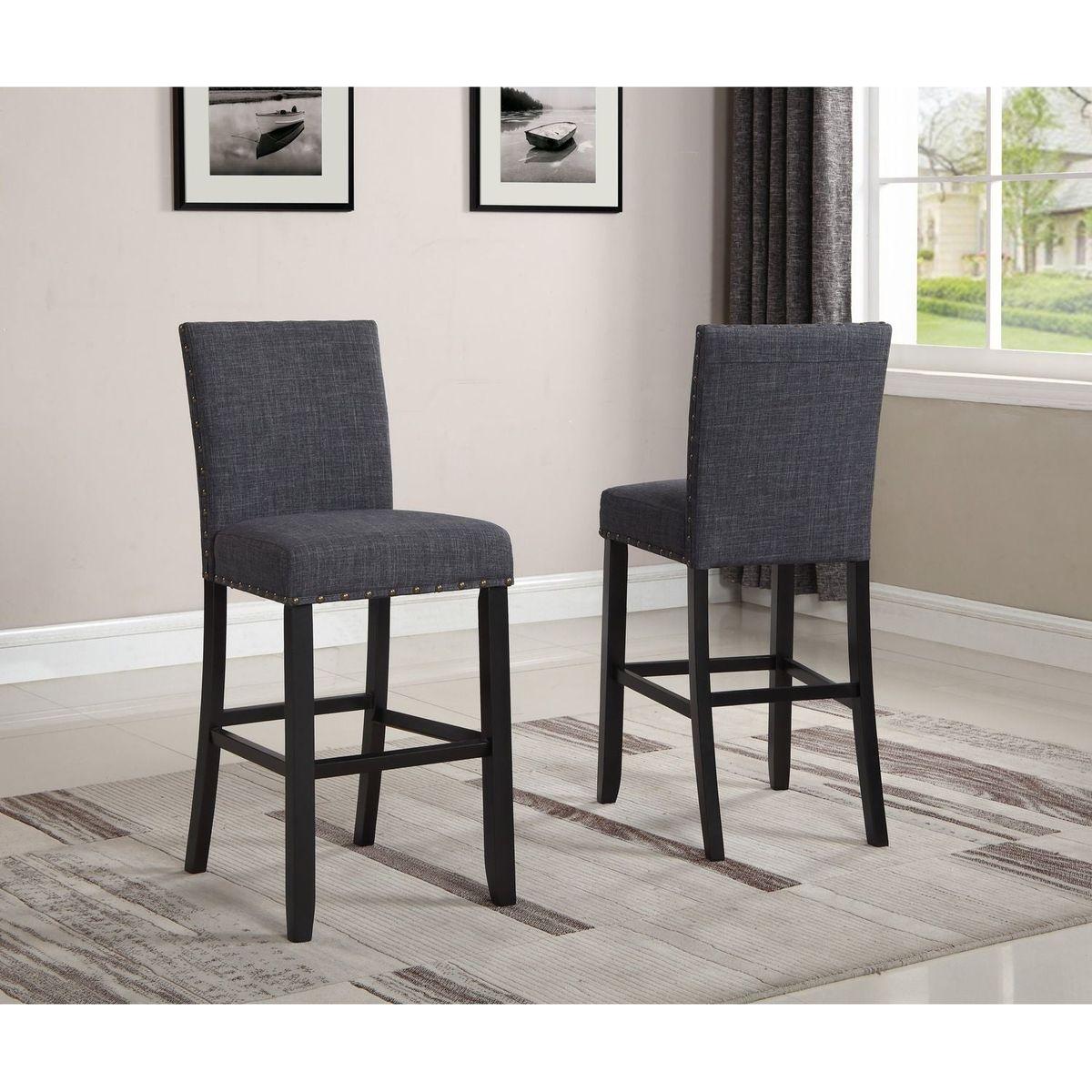 Biony Fabric Bar Stools with Nailhead Trim, Set of 2, Grey
