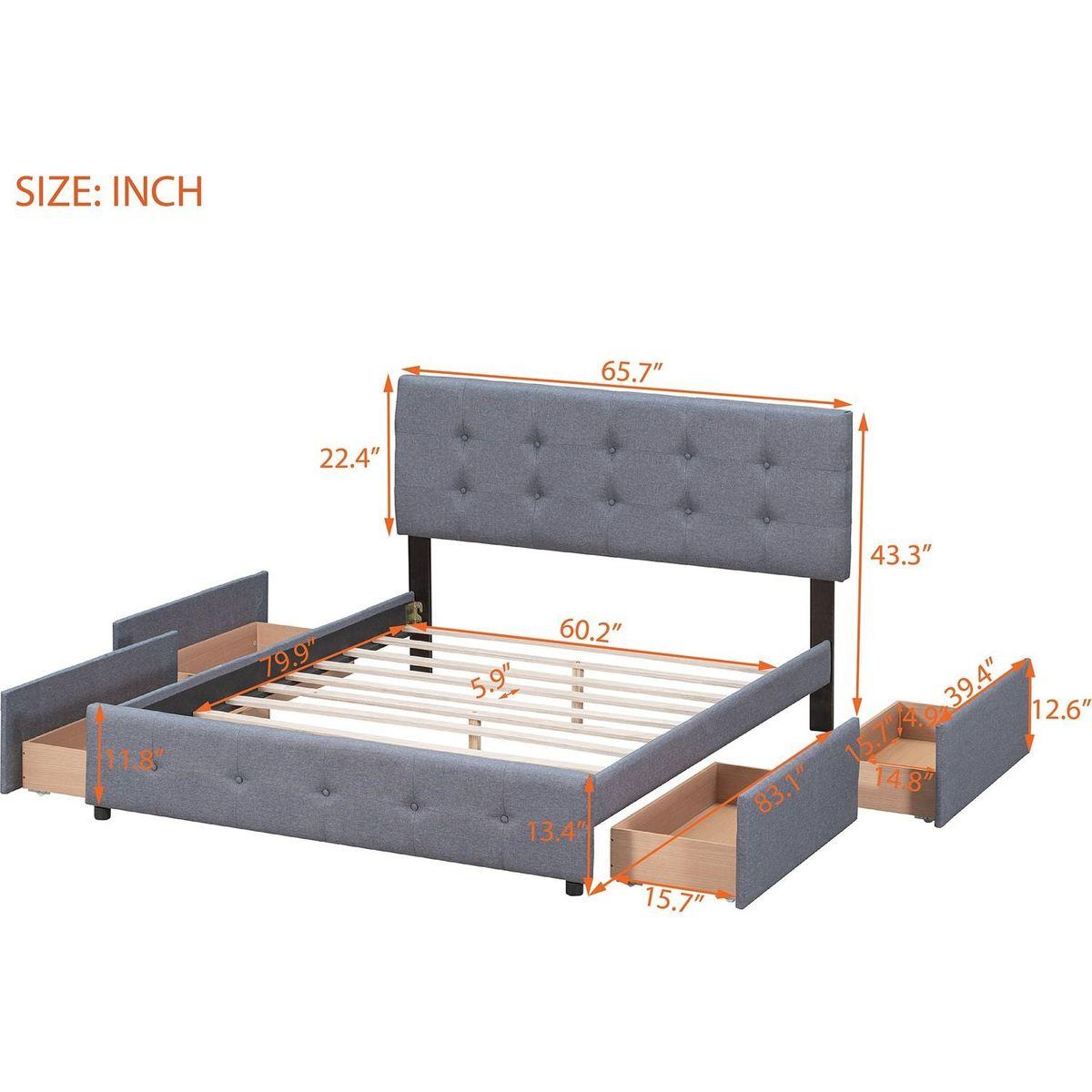 Upholstered Platform Bed with Classic Headboard and 4 Drawers, No Box Spring Needed, Linen Fabric, Queen Size Dark gray