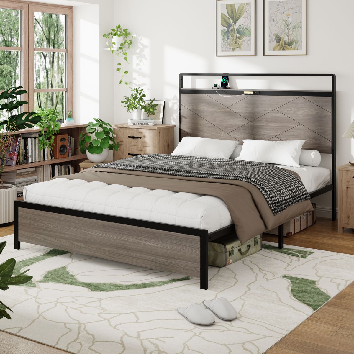 Bed frame full size, wooden platform bed frame with storage LED light headboard and 2 USB, no noise, no spring mattress required and simple assembly tools, large underbed storage, brown