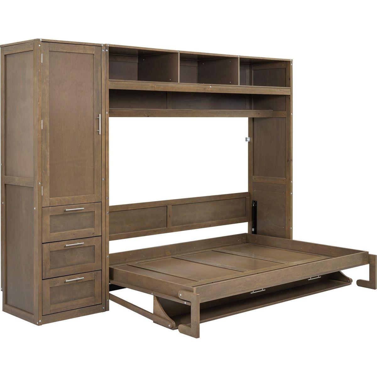 Full Size Murphy Bed with Wardrobe, Drawers and Open Shelves, Antique Grey